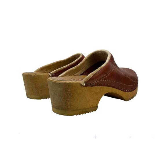 Olaf Daughters Vintage 70s Rusty Brown Leather Swedish Wooden Clogs Size 37 - Picture 6 of 9